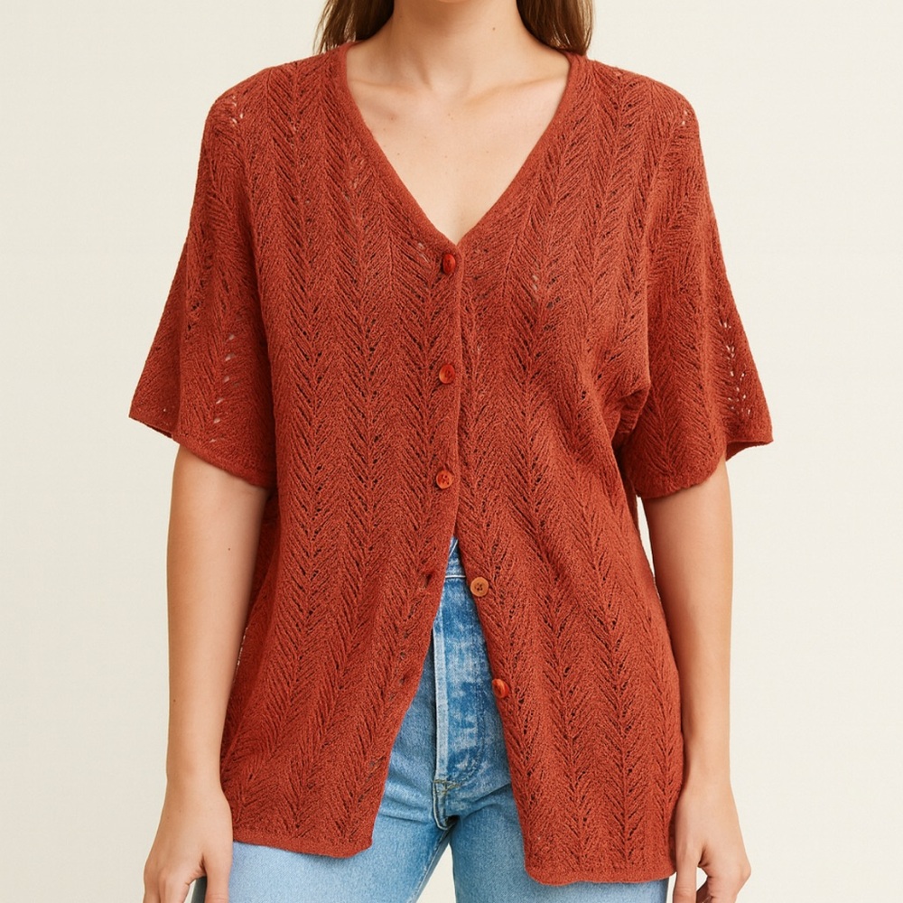 Liz Claiborne Retro Knit Crochet Shrug Jacket Rust Red XXL Grannycore Boho - Picture 12 of 12